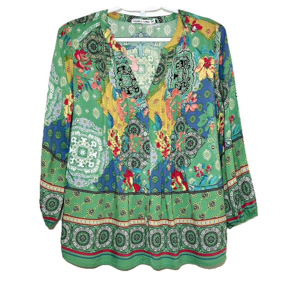 Figueroa & Flower PM Petite Medium Green Floral Paisley Patchwork Blouse Rayon
